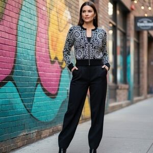 Cativa Black & White Medallion Zip-Up Sweater Jacket Fitted Size M